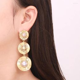 Stud Earrings Vintage Personality Long Gold Plated With Shell Beads