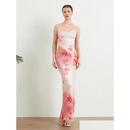 Work Dresses Womens Y2K Y 2 Piece Outfit Sleeveless Round Halter Neck Crop Top And Slim Fit Long Skirt Summer Floral Set Drop Delivery Otuvi