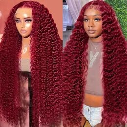 30 40 Inch 13x6 99J Burgundy Deep Wave Lace Frontal Wig Curly Lace Front Human Hair Wigs for Women 250 Density baby hair