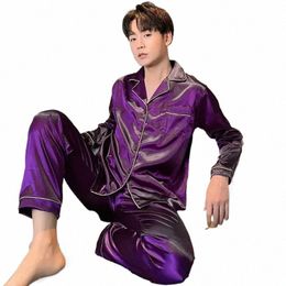 male Spring Homewear Pijama Sets Collar Pieces Silk 2 Sleepwear Turn-down Satin Lg Men Pajama Nightwear Sleeve t7Jv#