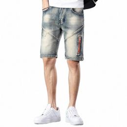 summer Fit Straight Pants High Street Trendy Brand Short Pants Patchwork Retro Zipper Denim Shorts Jeans Men W2Ja#