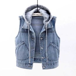 Women's Tanks Camis Denim vest womens shorts spring new hooded large pocket sleeveless jacket fULly matched ULtra-thin top cardigan S-XXL winter jacket for women 24326