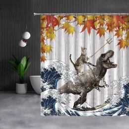Curtains Funny Cat Shower Curtain Dinosaur Autumn Maple Leaves Japanese Ocean Wave Kids Children Wooden Bathroom Curtains with Hooks