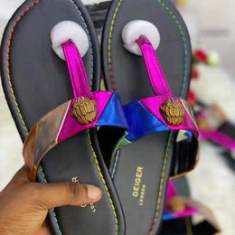 Geiger Flat Kurt Women Bottom Slippers Splice Rainbow Sandals Designer Shoes Fashion Eagle Head Inlaid Diamond Slipper Summer Flat Beach Flip Flops