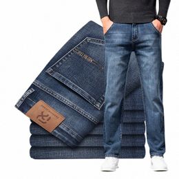 2023 Spring New Men's Regular Straight Jeans Elastic Busin Denim Trousers Fi Embossed Male Pants Brand Black Blue S7ce#