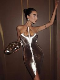 Women Sexy Metallic Shiny Halter Mini Dress Fashion Slim Sleeveless Backless Tassels Dresses 2024 Lady Chic Party Evening Robes 240314