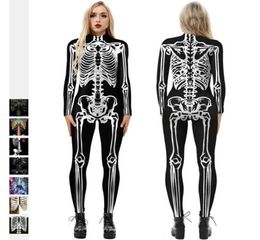 2021 New Halloween Scary Skeleton Printed Jumpsuit for Women Long Sleeve Colorful Horror Skull Slim Carnival Party Bodysuit H09104964454