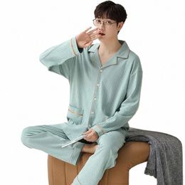 2024 New Outside Wear Spring Autumn Pajamas Men Lg-sleeved Cott Sleepwear Teenage Simple Casual Boys Plus Size Home Clothes b4IL#