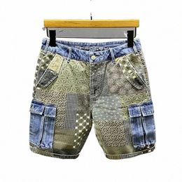 Summer New Cargo Denim Shorts Men's Irregular Splicing Printed Persality Tide Five Points Fr Pants Streetwear Jeans Hombre J8le#