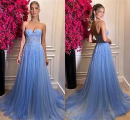 Light Blue Tulle A Line Prom Dresses Arabic Aso Ebi Sweetheart Lace Appliques Long Plus Size Women Formal Occasion Party Gowns Sexy Backless Evening Vestidos