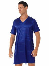 sleepwear Men's Silk Satin Nightshirt Nightclothes Soft Loose Short Sleeve Pajamas Nightgown Summer Night Shirts for Slee a9Np#