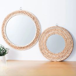 Mirrors Boho Round Hanging Wall Mirror Gourd Grass Mirror WallMounted Mirror Vintage Design Round Straw Mirror Decorative wall mirrors