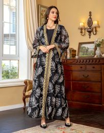 Arabian Dubai Abaya Summer Elegant Mesh Embroidery Muslim Robe Long Sleeves Cardigan Two pieces Set Ramadan Dress Ethnic Clothing