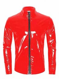 lg Sleeve Wet Look PVC Mens Jackets Coats Shiny PU Leather Tops Tights Sexy Clubwear Windbreaker Streetwear Motorcycle T Shirt K5lX#