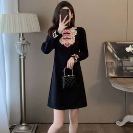 New Chinese Style for Women's Spring 2024, New Waistband and Belly Covering Look Slimming, High-end Feeling, Embroidered Small Black Dress Temperament