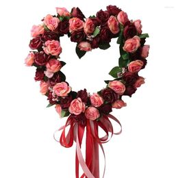 Decorative Flowers SV-Artificial Heart-Shaped Rose Flower Ribbon Door Hanging Wreath For Front Wall Window Wedding Party Home Decor