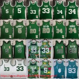 Printed Classic Retro 1985-86 Basketball 33 Larry Bird Jersey Vintage 2007-08 Green 20 Ray Allen 34 Paul Pierce 5 Kevin Garnett Jerseys Shirts for 1997-98 Black Garnett