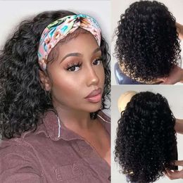 Short for Women Water Wave Glue Human Curly Brazilian Virgin Hair 150% Density Gel No Lace Wigs Natural Black Headband Wig (14inch)