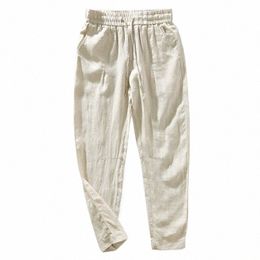 3023 Erkekler% 100 Keten Pantolon Japonya Tarzı Elastik Bel Düz Renk Yüksek Kaliteli Basit Gevşek Gevşek Düz Ayak Bileği Uzunluğu C0O2#