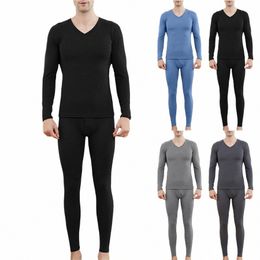 mens V Neck Pure Cott Thermal Underwear Set Thin Autumn Clothes And Pants Bottoming Shirt r6yG#