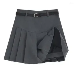 Skirts Pleated Mini With Belt Women Korean Fashion Black High Waist A Line Skirt Spring Summer Y2K Office Lady Solid Chic