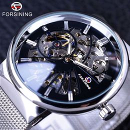 Forsining 2021 Fashion Casual Neutral Design Silver Steel Transparent Case Skeleton Watch Mens Watch Top Brand Luxury Mechanical w337Z