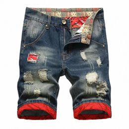 2024 Summer Vintage Wed Men Denim Shorts Casual Fi Street Wear Ripped Hole Patches Distred Male Straight Jeans Shorts 02Py#
