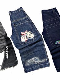 retro Baggy Harajuku Denim Jeans JNCO Y2K Mens Womens Low Rise Hip Hop Black Straight Wide Leg Pants Punk Trousers Streetwear x2p1#