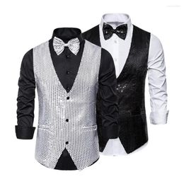 Men's Vests Solid Versatile Men Vest Sequin Bow Tie Set For Retro Disco Groom Wedding Party Waistcoat With Shiny V Neck Special