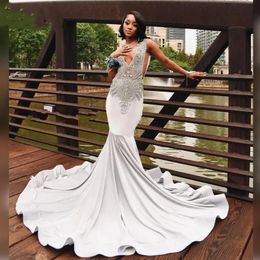 Designer Silver Prom Dress 2024 Blackgirl Rhinestone Velvet African Women Party Gowns Long See Through Vestidos De Festa