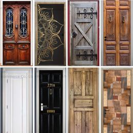 Stickers 3D Retro Wooden Door Stickers Self Adhesive Waterproof for Bed Living Room White Door Wallpaper Home Decor Black Mural Poster