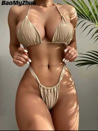 Women's Swimwear 2024 Push style sexy bikini womens solid swimsuit triangle bikini set womens pleated swimsuit Brazil swimsuit beach suit 240326