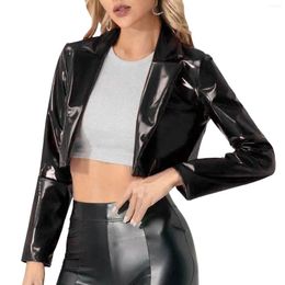 Women's Jackets Ong Sleeve Jacket For Women Bright And Glossy Patent Leather Lapel Cropped Coat Ladies Wet Look Clubwear