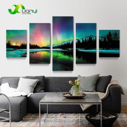 Calligraphy 5 Panel Wall Art Aurora Borealis Painting Home Decor Canvas Picture Northern Lights Canvas Painting For Living Room Unframed