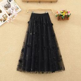 Skirts Tulle Women Fashion Korean Elastic High Waist Mesh Skirt Black Pleated Long 2024 Summer