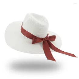 Wide Brim Hats For Women Beach Hat Big 11cm Panamas Solid Bowknot Straw Summer Sun Khaki Black White Bucket Chapeau Femme