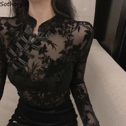 Blouse Women Lace Sheer Chinese Knot Button Autumn Retro Classic Comfortable Fashion Hot Sale New Stand-up Collar Elegant