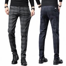 Sonbahar Erkekler fırçalanmış ekose gündelik pantolon fi Koreli elastik pamuklu ince düz iş pantolonlar marka kıyafetleri siyah gri mavi 27yp#