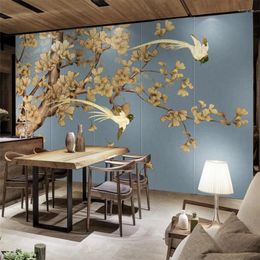 Wallpapers Wellyu Chinese Style Hand-painted Retro Ginkgo TV Background Wall Painting Custom Large Mural Green Silk Cloth Wallpaper