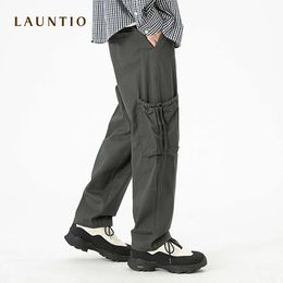 Workwear Pants in Spring 2024, Popular on the Streets, with Large Pockets on Both Sides Decorated with Hanging Ropes, Pure Cotton Casual Pants for Men