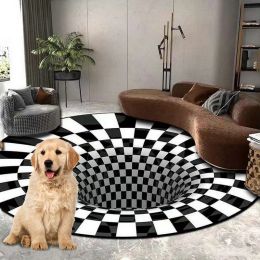 Mats Black White Plaid 3D Round Carpet 3D Stereo Visual Vortex Bottomless Hole Area Rug Non Slip Floor Mat for Home Living Room Decor