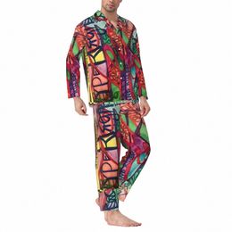 word Graffiti Print Pyjama Set Abstract Letter Romantic Sleepwear Unisex Lg Sleeves Casual Loose Daily 2 Piece Nightwear J0tz#