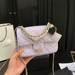 Classic Mini Flap Square Lambskin Pearls Chain Cross Body Bags With Heart Gold Metal Hardware Matelasse Chain Shoulder Handbags Outdoor Sacoche Trends Purse 17CM