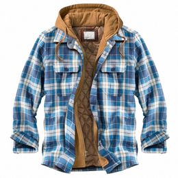 men Hooded Plaid Jacket Loose Comfortable Lg Sleeved Zipper Plaid Printed Warm Coat Autumn Winter New Casual Fi Jacket l4ZS#