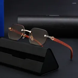 Sunglasses Retro Frameless Woodgrain Men INS Trendy Women's Diamond Cut Edge Anti Blue Light Glasses Literary Business Frame