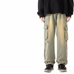 american Style Large Pocket Tooling Jeans Men's Street Hip-hop Wed Retro Loose Straight Wide-leg Pants Fi Slits 14yV#