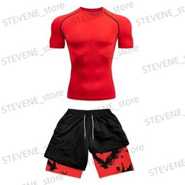 Men's Tracksuits Compression Sportswear Set Fitness Suit for Men Quick Dry Compression Shirt+Gym Shorts 2PCS Running Workout T240326