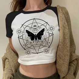 Women's Tanks Camis Y2k Fairy Grunge Emo Sexy Gothic Crop Top Vintage Harajuku Black Short sleeved O-neck T-shirt Aesthetic Clothing Street Tank 24326