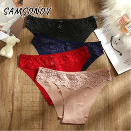 Women's Panties SAMSONOV Sexy Bikini Lace Seamless Female Underwear Ice Silk Breathable Soft Briefs Ladies Solid Lingerie