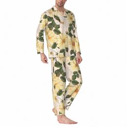 yellow Fr Print Sleepwear Autumn Green Leaf Casual Oversize Pajamas Set Men Lg Sleeve Comfortable Daily Printed Nightwear 24Pq#